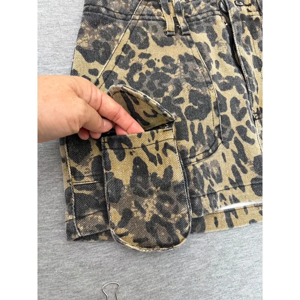 New Y2K Leopard Print Denim Micro Mini Skirt XS Cargo Utility Brown Indie Sleaze